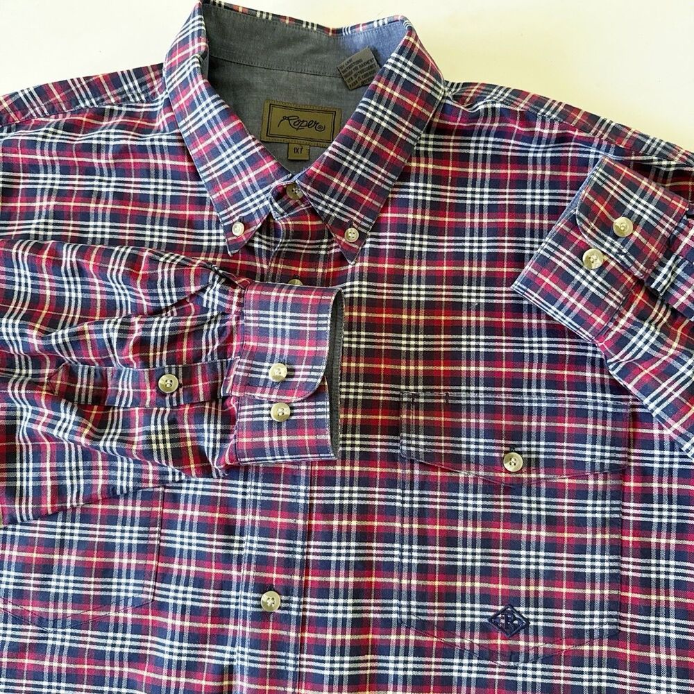 Roper Mens Size 1XT Red Blue Plaid Check Long Sleeve Western Button Down Shirt
